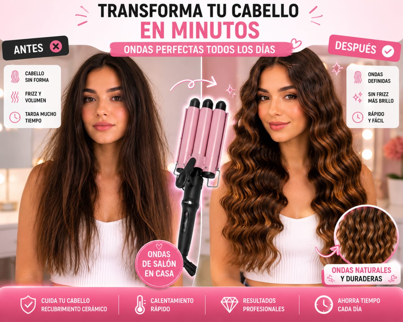Pinza Rizadora Profesional - Ondas de Sirena (3 Tubos)